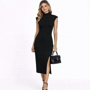 House of Harlow 1960 Mock Neck Black Classic Minimalist Dress w Side Slit